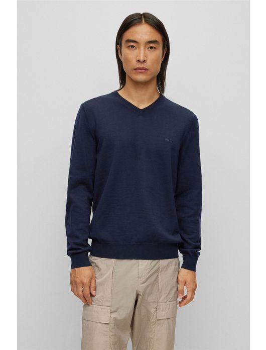 trui Hugo Boss donkerblauw effen merinowol v-hals