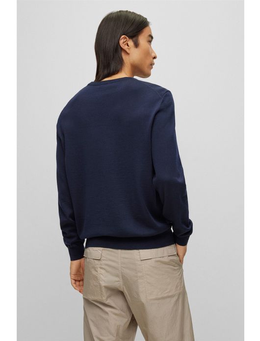 trui Hugo Boss donkerblauw effen merinowol v-hals