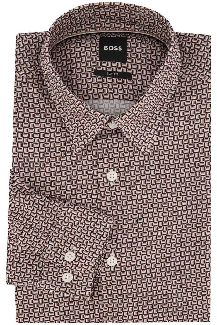 Hugo Boss casual overhemd beige geprint slim fit
