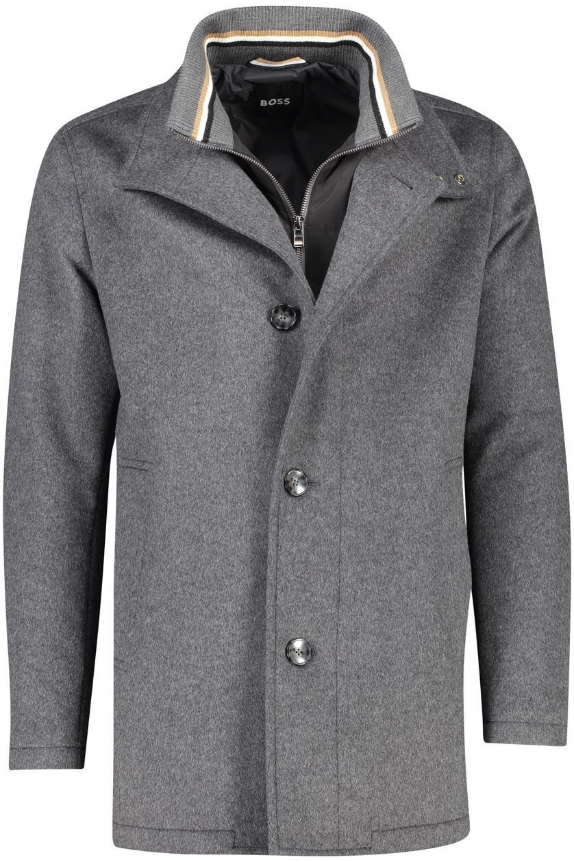 Hugo Boss winterjas grijs normale fit wol effen rits + knoop half lang