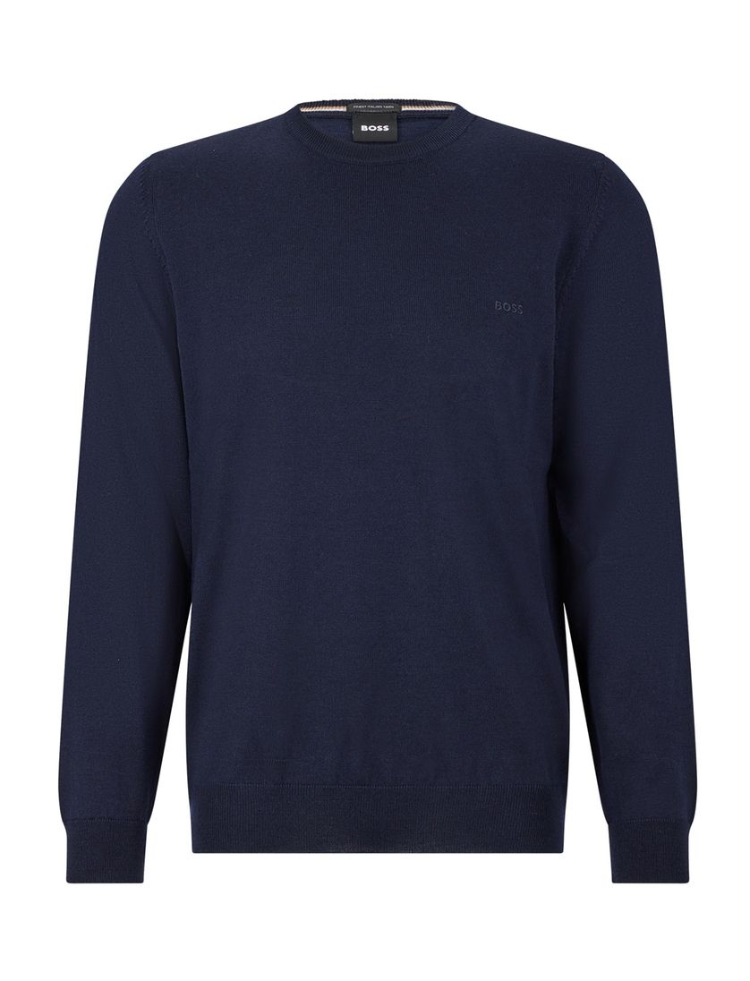 Hugo Boss trui donkerblauw effen merinowol ronde hals
