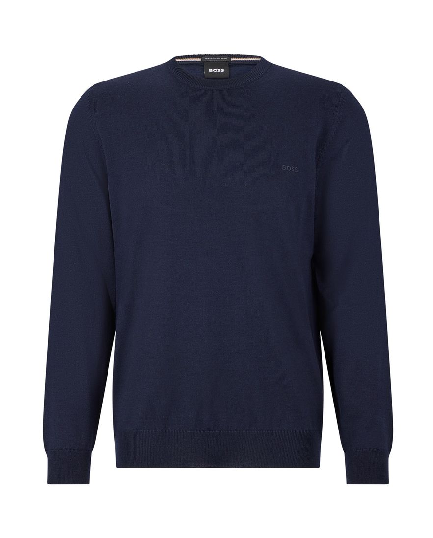 Hugo Boss trui ronde hals donkerblauw effen merinowol