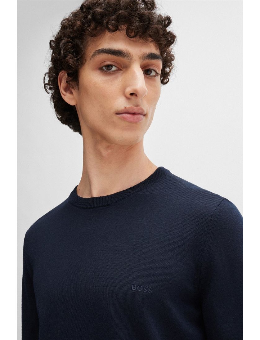 Hugo Boss trui donkerblauw effen merinowol ronde hals