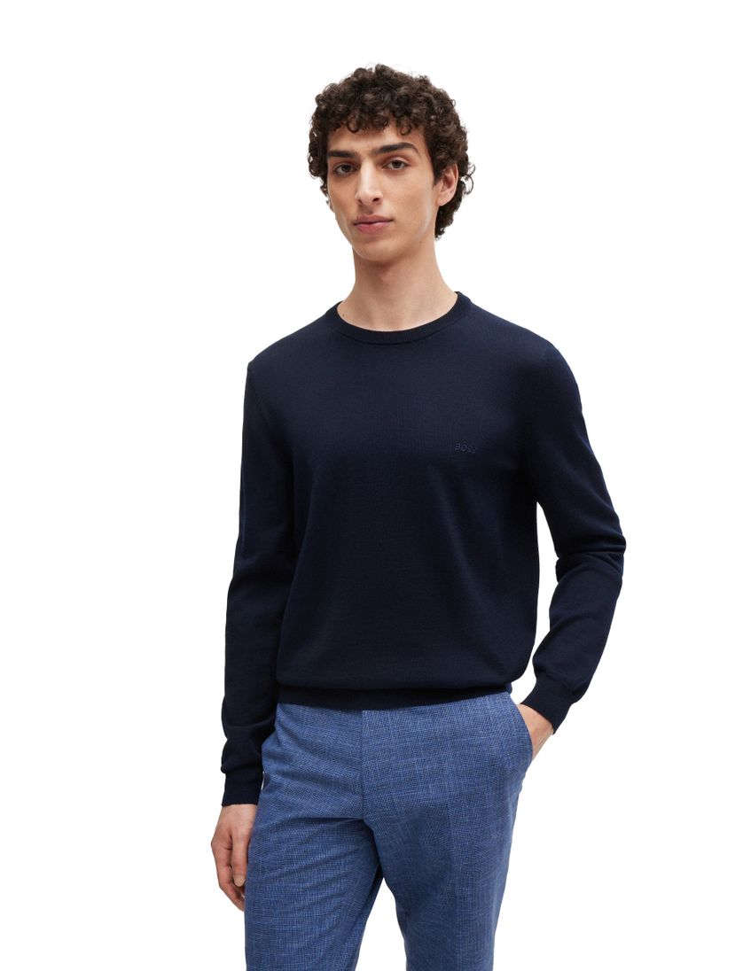 Hugo Boss trui donkerblauw effen merinowol ronde hals