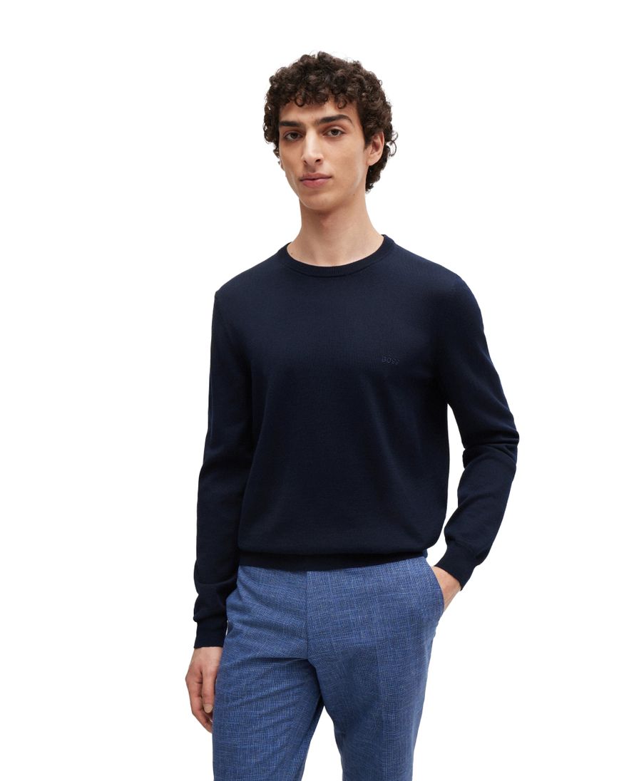 Hugo Boss trui ronde hals donkerblauw effen merinowol