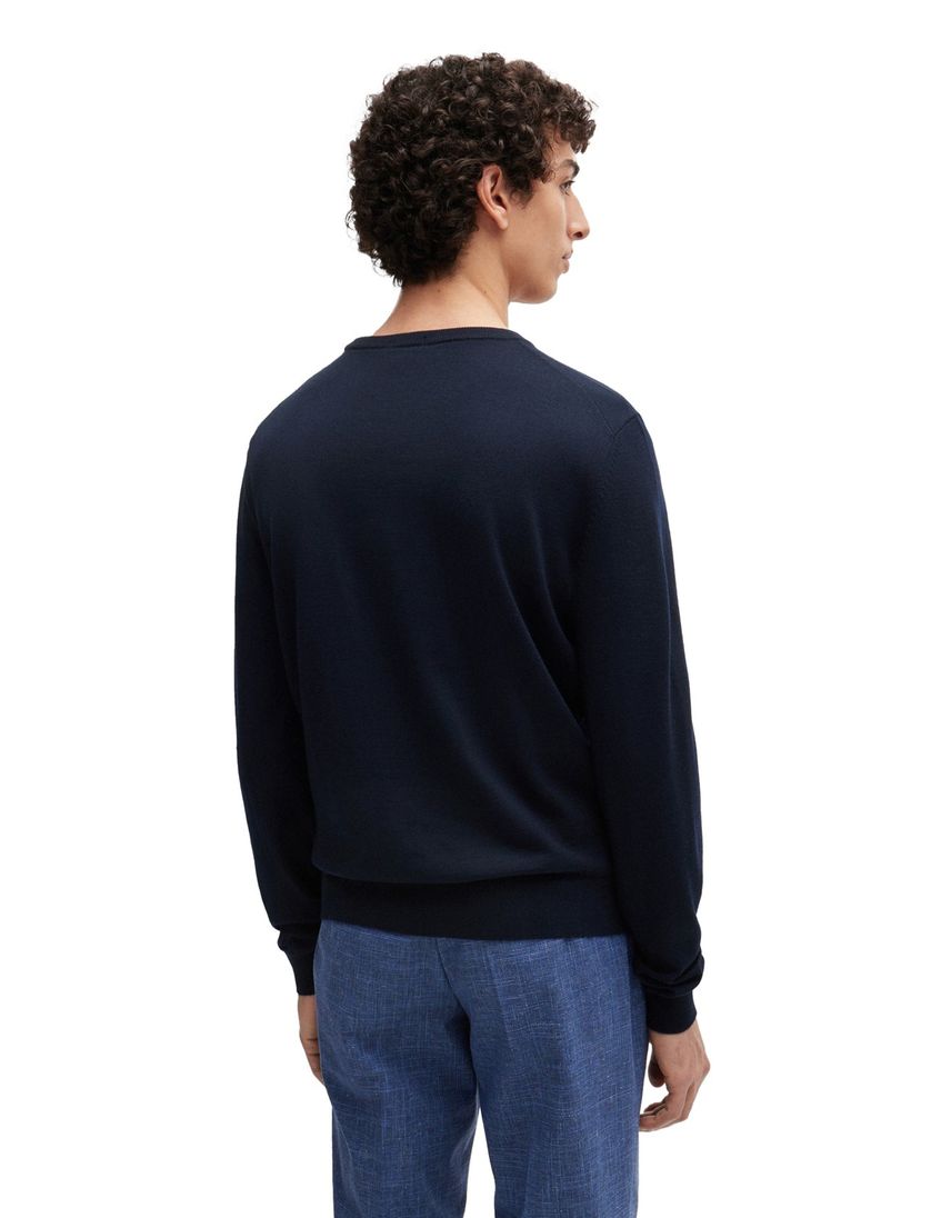Hugo Boss trui donkerblauw effen merinowol ronde hals