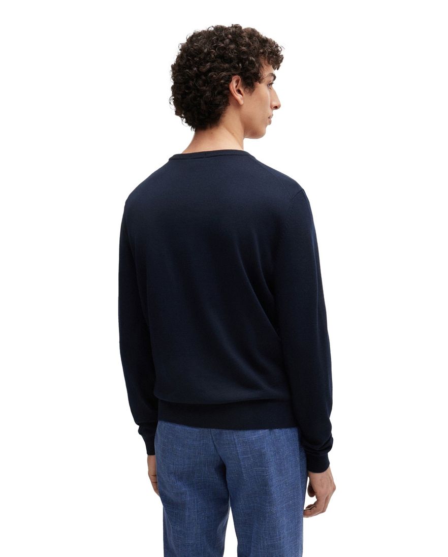 Hugo Boss trui ronde hals donkerblauw effen merinowol