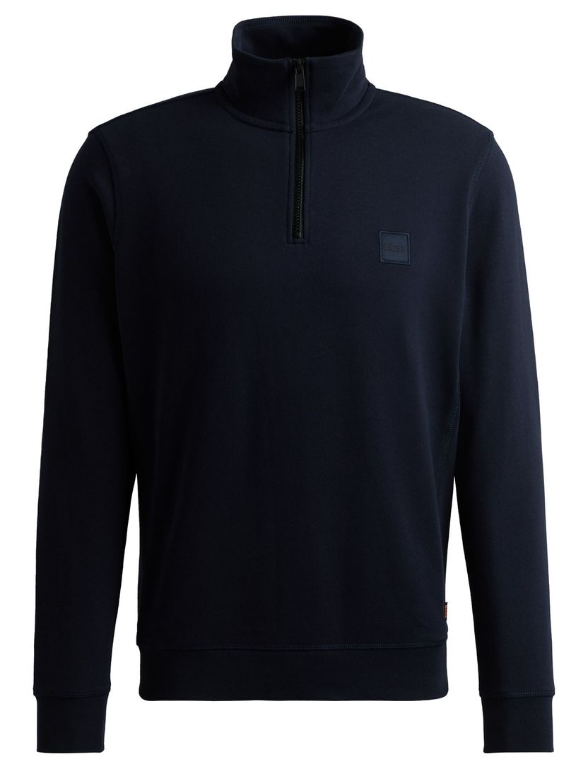 katoenen trui Boss orange donkerblauw effen half zip