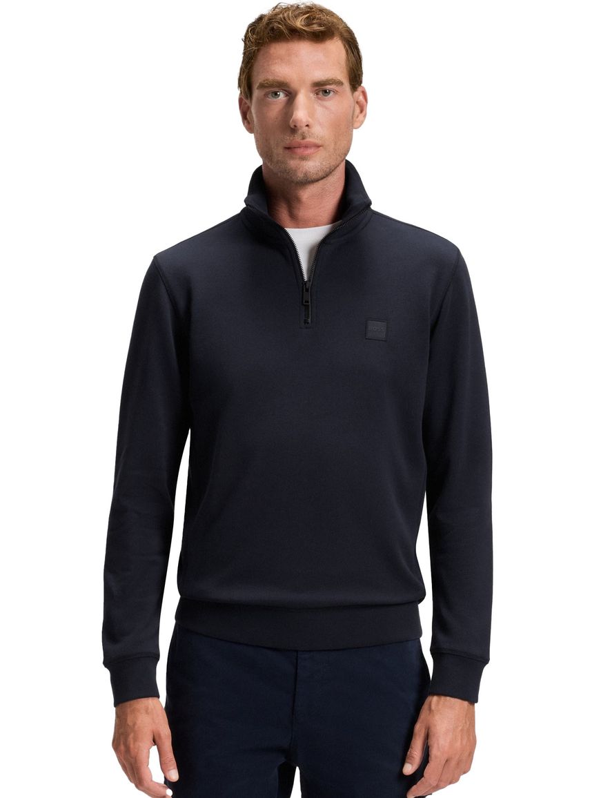 Boss orange trui donkerblauw effen half zip katoen