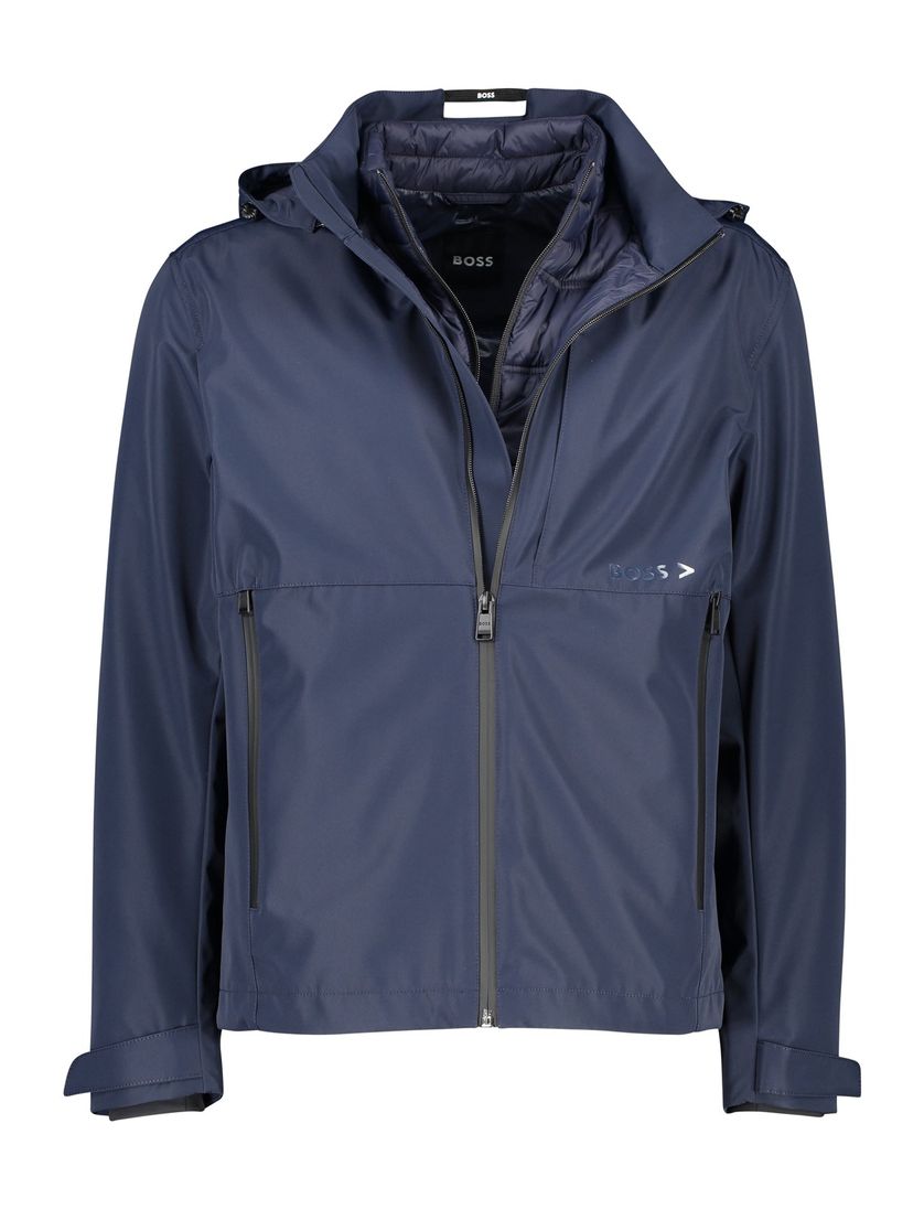 Hugo Boss winterjas donkerblauw effen rits normale fit afneembare capuchon
