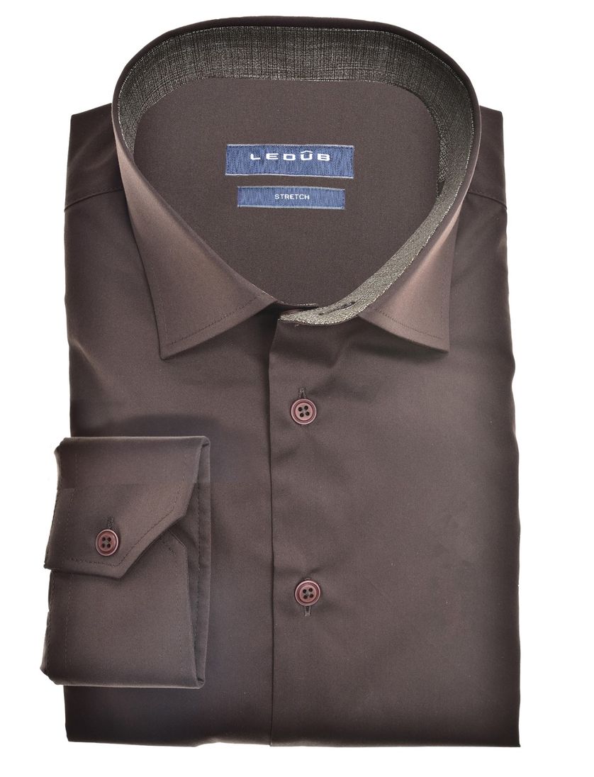 Ledub overhemd mouwlengte 7 Modern Fit bruin effen normale fit