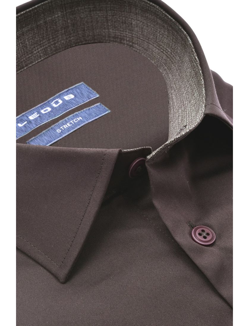 Ledub overhemd mouwlengte 7 Modern Fit bruin effen normale fit