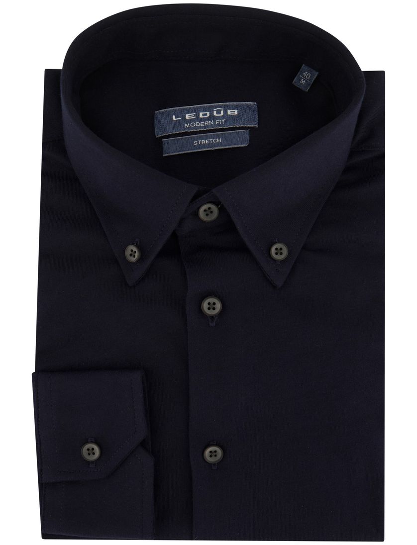 Ledub overhemd mouwlengte 7 donkerblauw effen katoen normale fit
