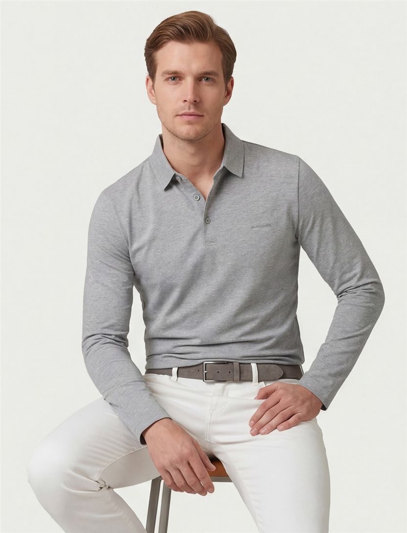 Lange mouwen polo Pierre Cardin normale fit grijs effen katoen
