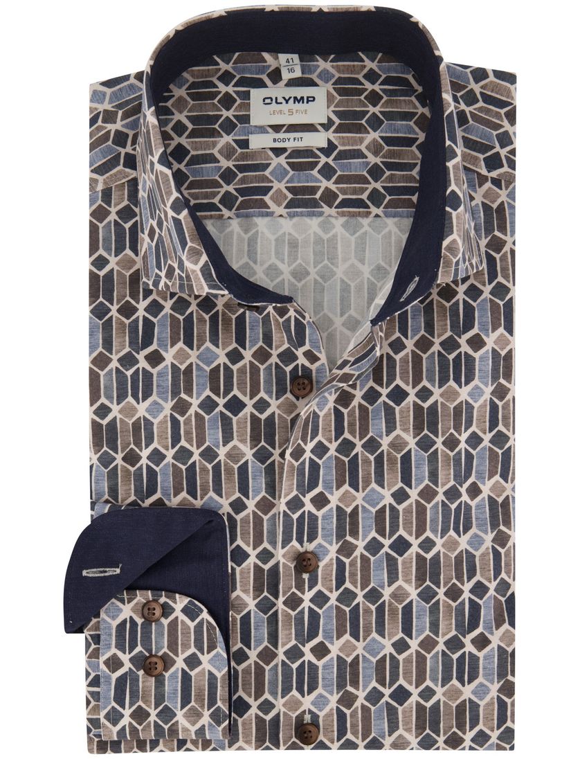 Olymp business overhemd donkerblauw met bruin geprint