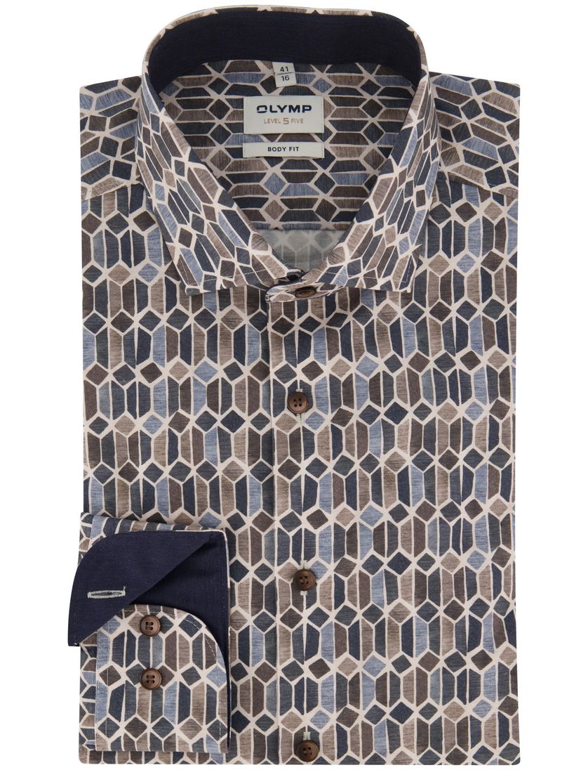 Olymp business overhemd donkerblauw met bruin geprint