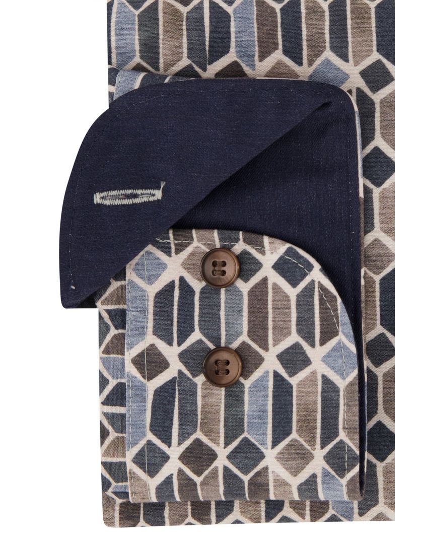 Olymp business overhemd donkerblauw met bruin geprint