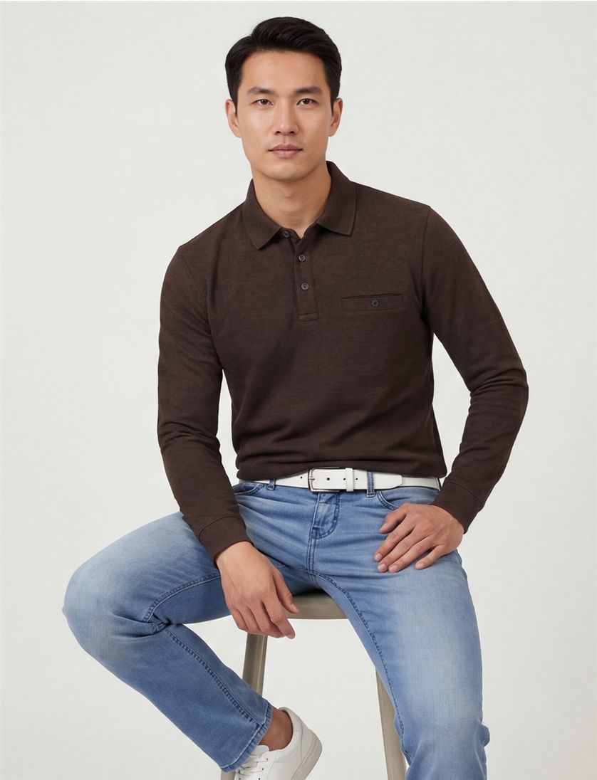 Casa Moda bruine gemêleerde polo wijde fit katoen