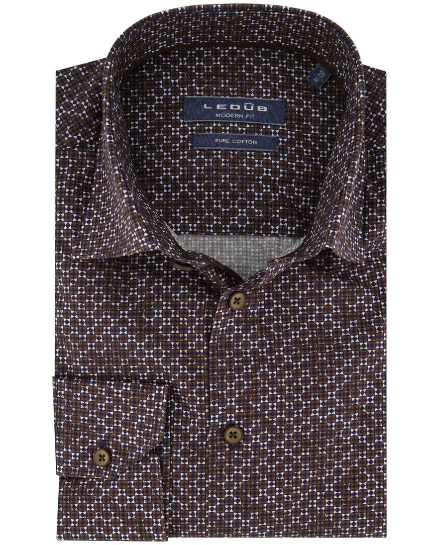 Overhemd Ledub modern fit bruin geprint katoen