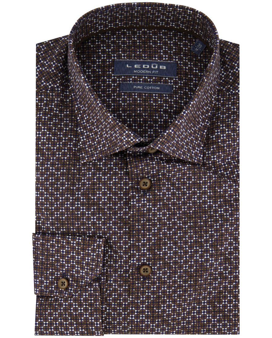 Overhemd Ledub modern fit bruin geprint katoen
