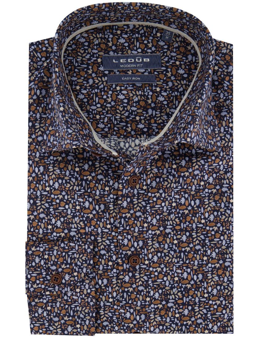 Modern fit strijkvrij katoenen Ledub overhemd bruin geprint
