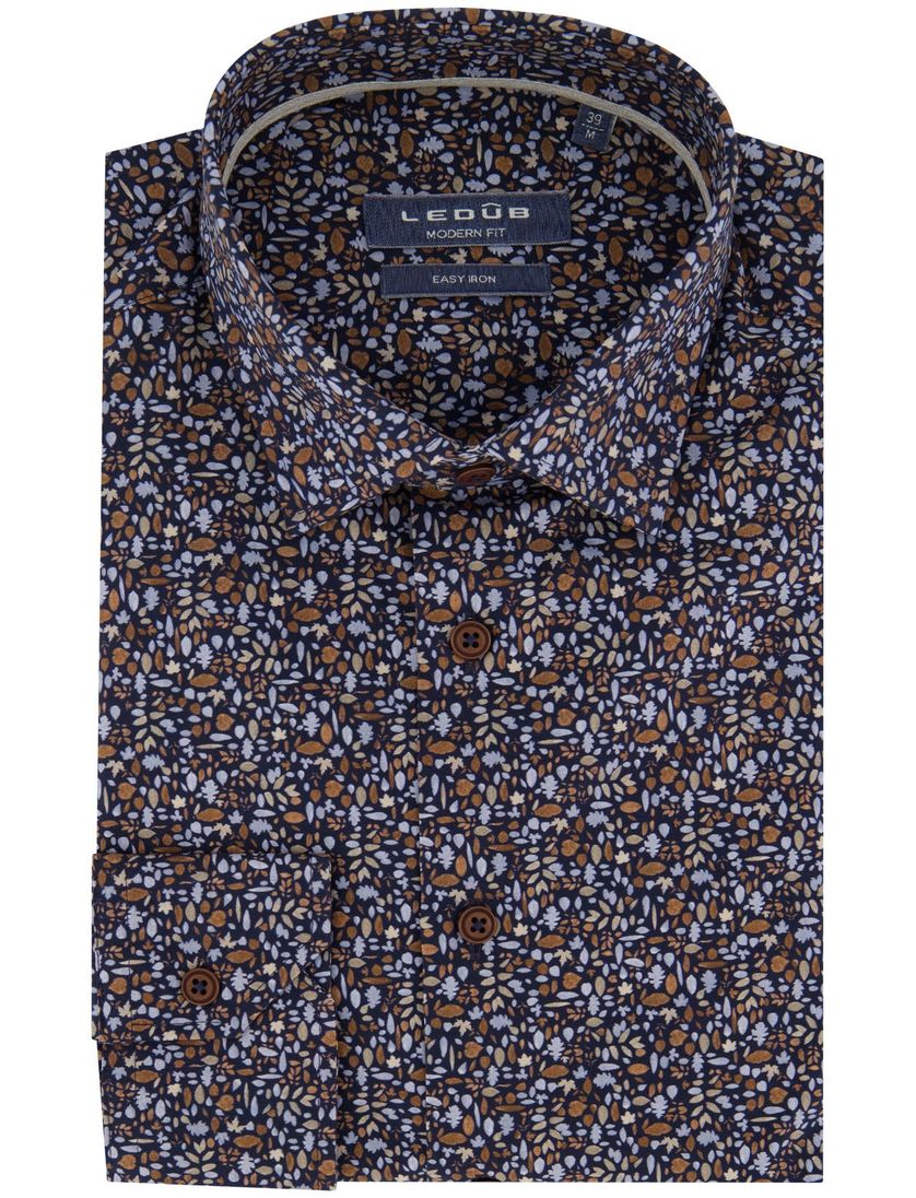 Modern fit strijkvrij katoenen Ledub overhemd bruin geprint
