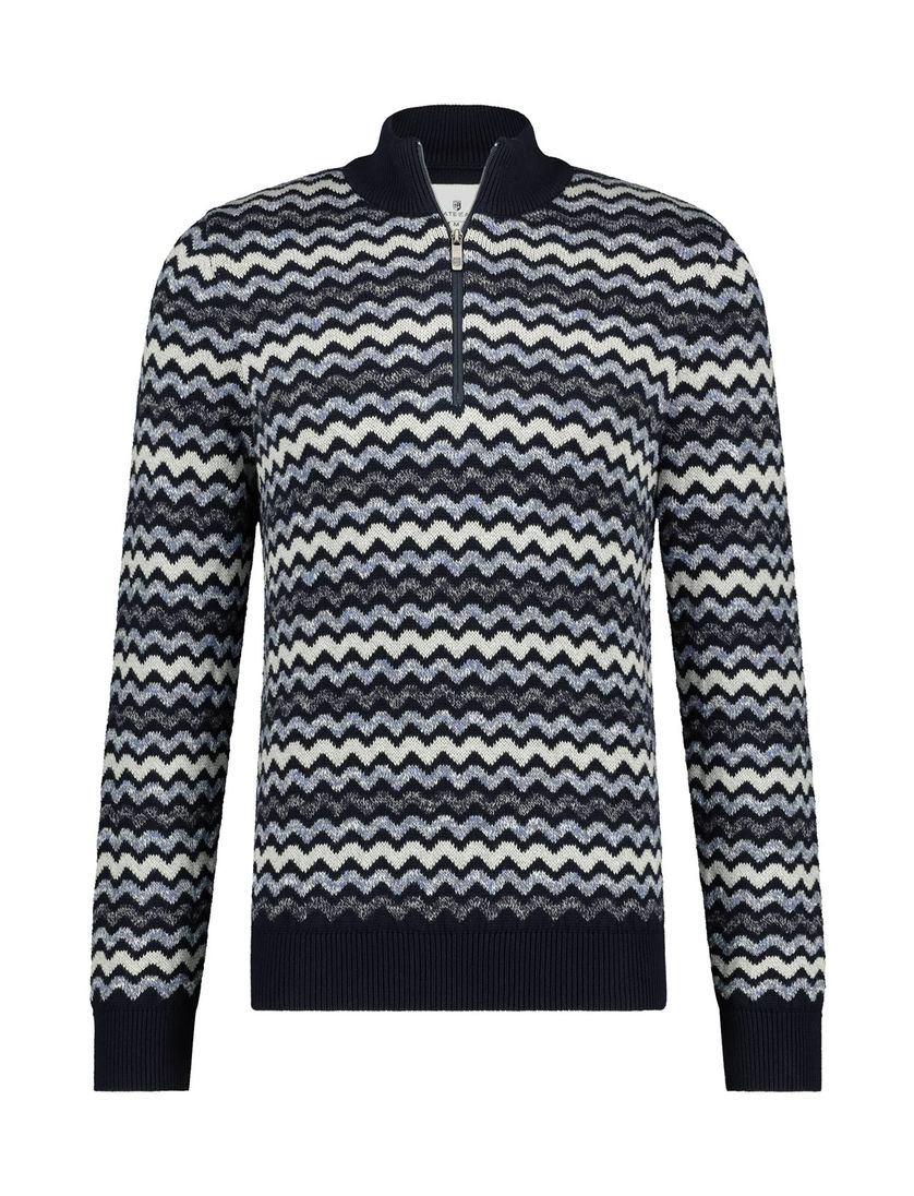 State of Art blauwe trui met motief katoen opstaande kraag