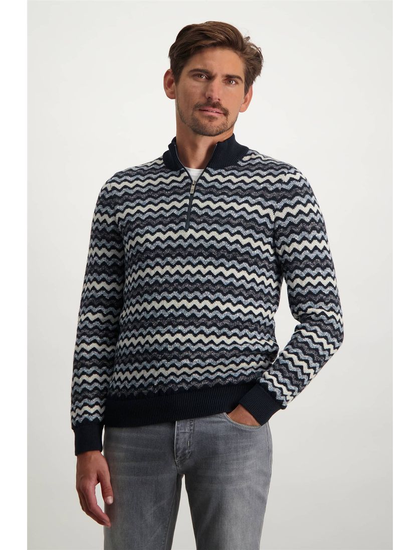 State of Art blauwe trui met motief katoen opstaande kraag