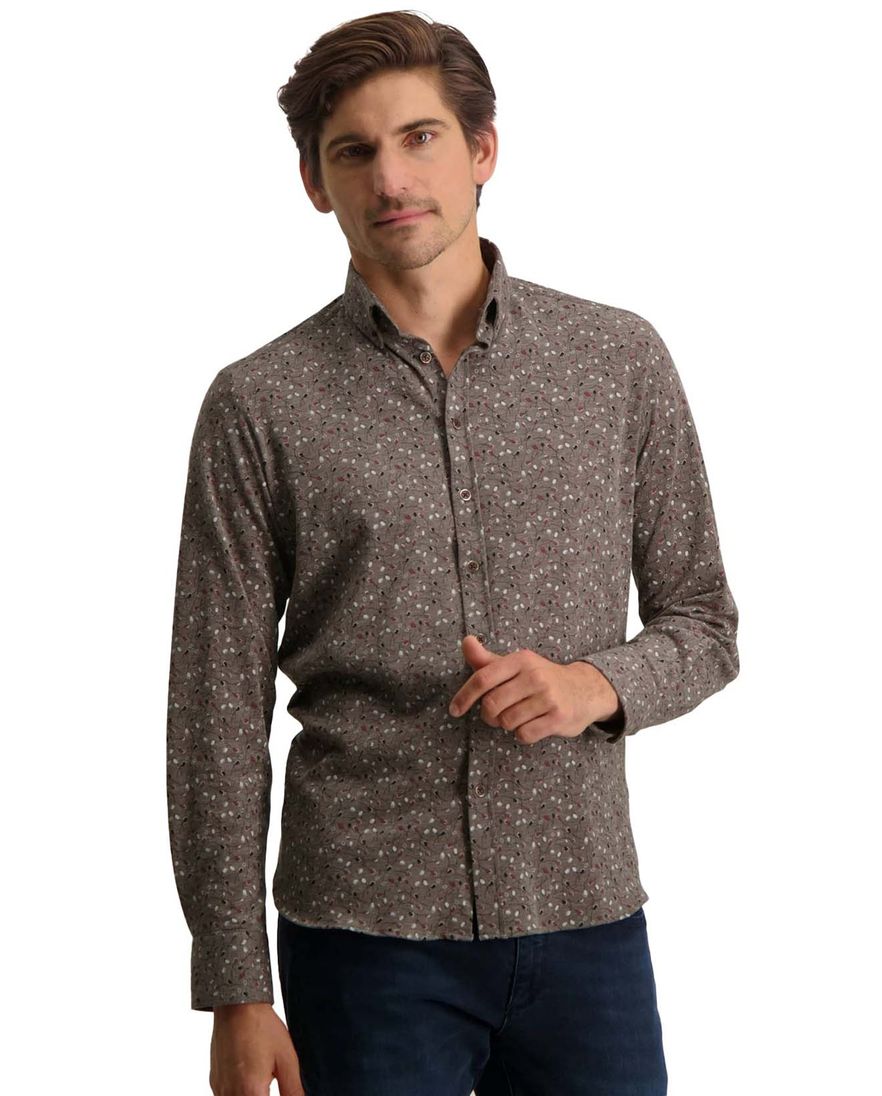State of Art casual overhemd bruin geprint wijde fit katoen