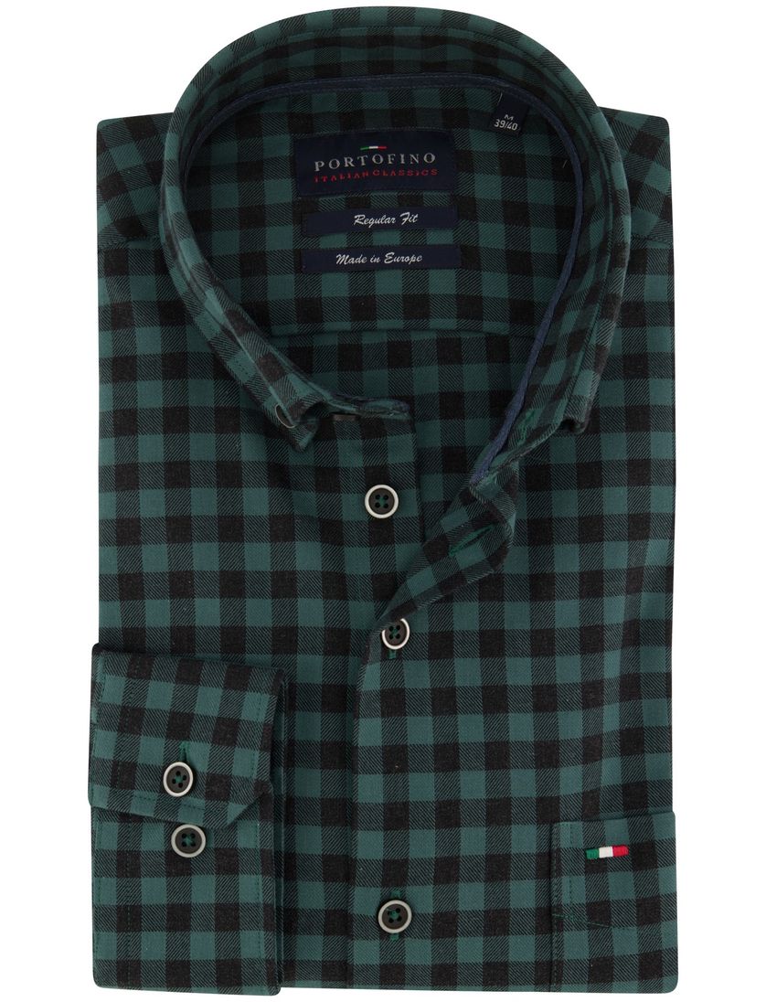 Portofino casual overhemd donkergroen geruit katoen wijde fit