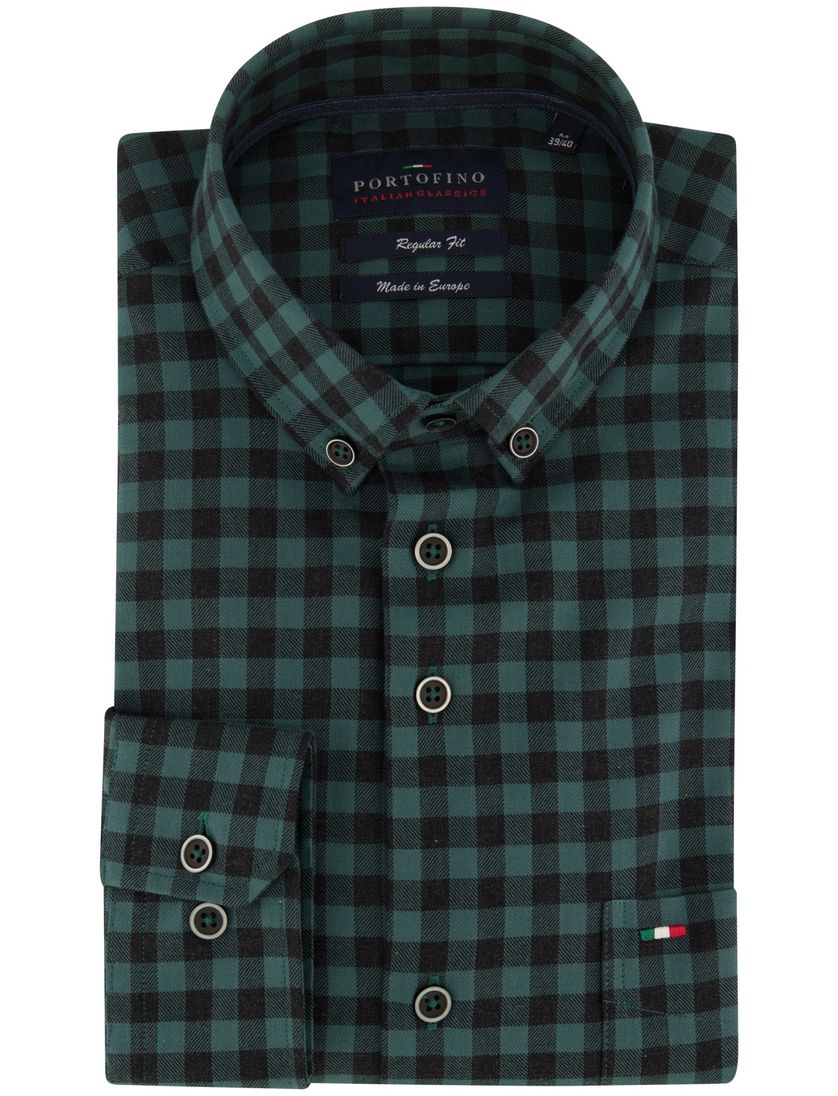 Portofino casual overhemd donkergroen geruit katoen wijde fit