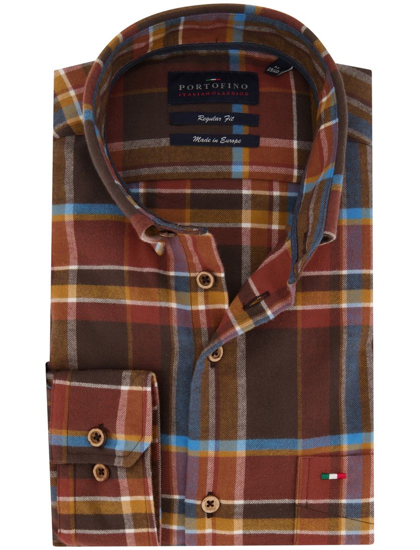 Casual overhemd Portofino bruin geruit katoen normale fit