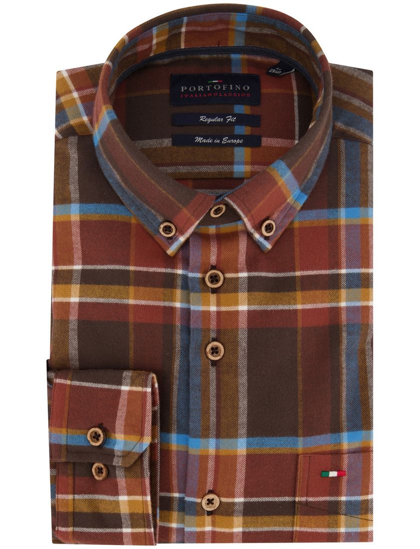 Casual overhemd Portofino bruin geruit katoen normale fit