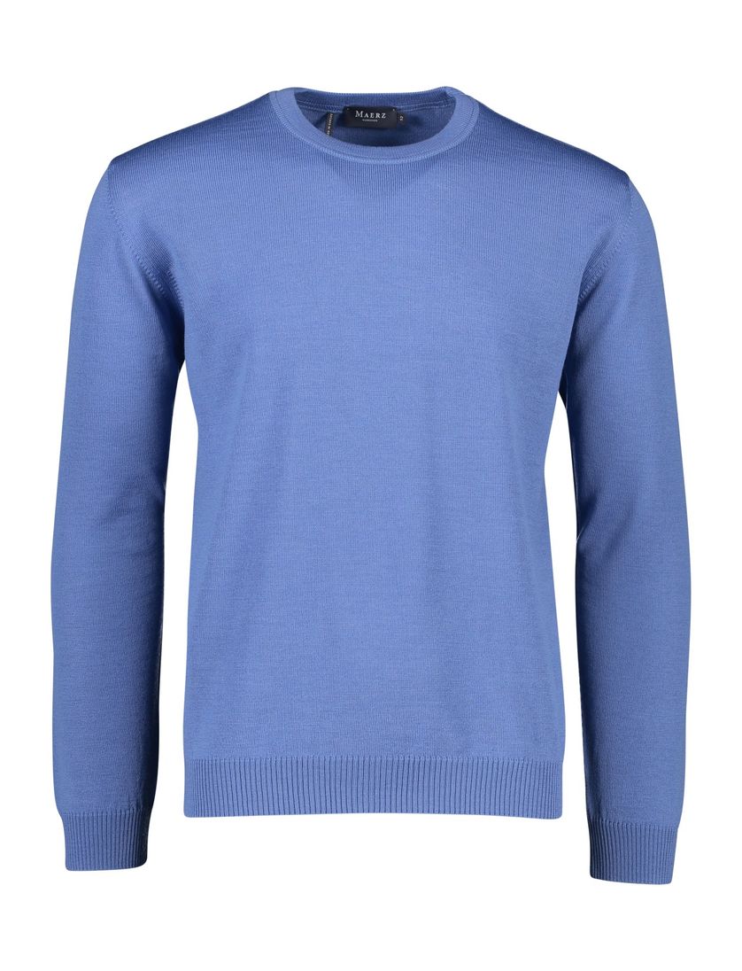 Maerz trui blauw effen merinowol ronde hals