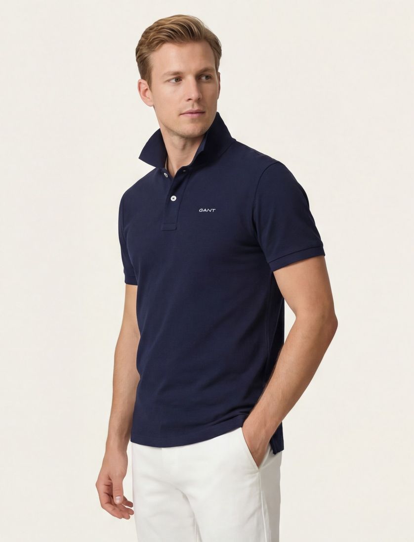 Gant polo donkerblauw effen katoen wijde fit 2-knoops