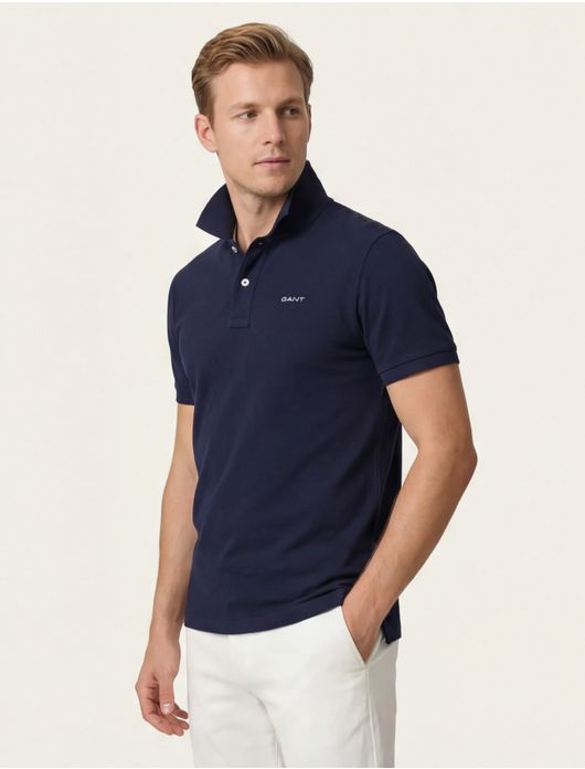 polo Gant donkerblauw effen katoen wijde fit