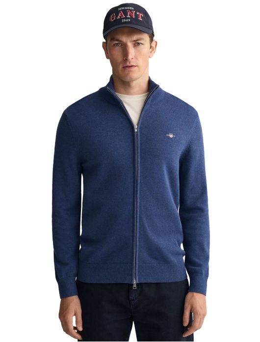 vest Gant blauw effen katoen opstaande kraag rits