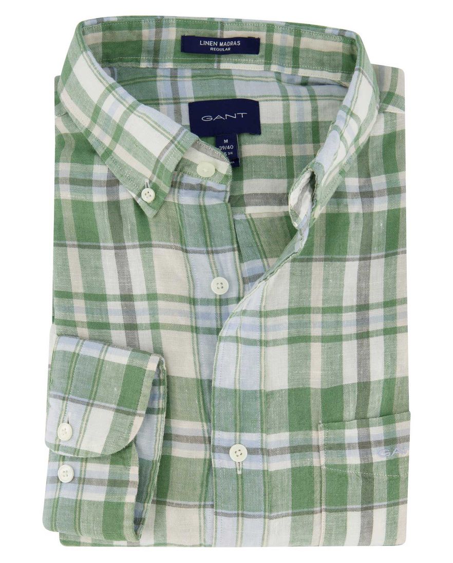 Gant casual overhemd normale fit groen geruit linnen