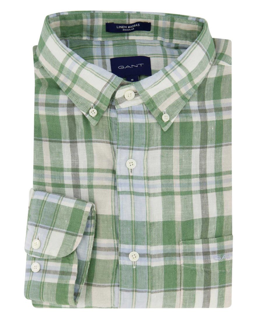 Gant casual overhemd normale fit groen geruit linnen