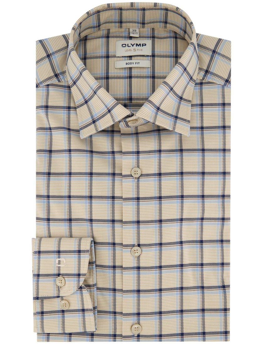 Olymp business overhemd Level Five beige geruit katoen extra slim fit body fit