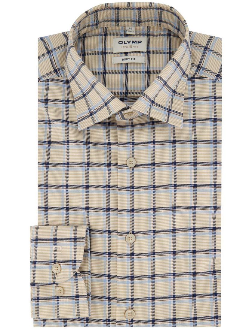 Olymp business overhemd Level Five beige geruit katoen extra slim fit body fit