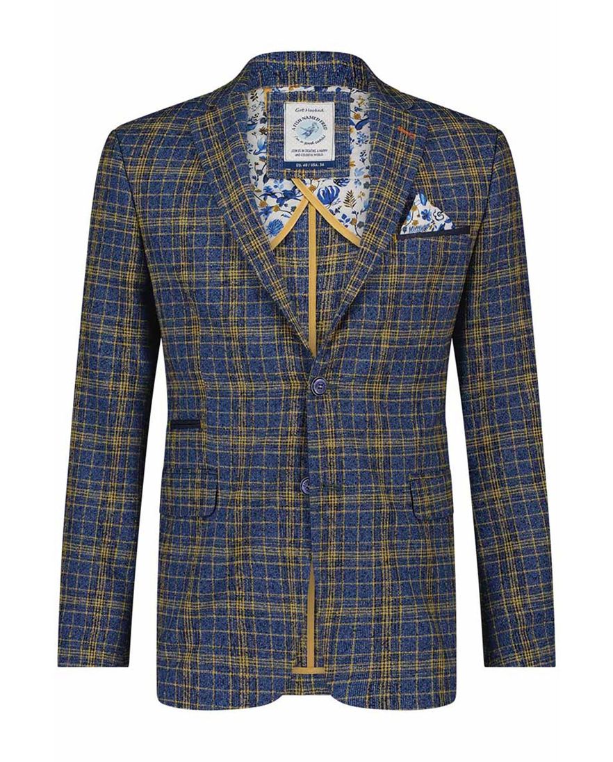 A Fish Named Fred colbert blauw met ruiten linnen slim fit