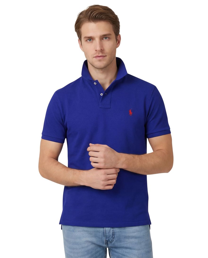 Polo Ralph Lauren polo slim fit donkerblauw met rood logo effen katoen