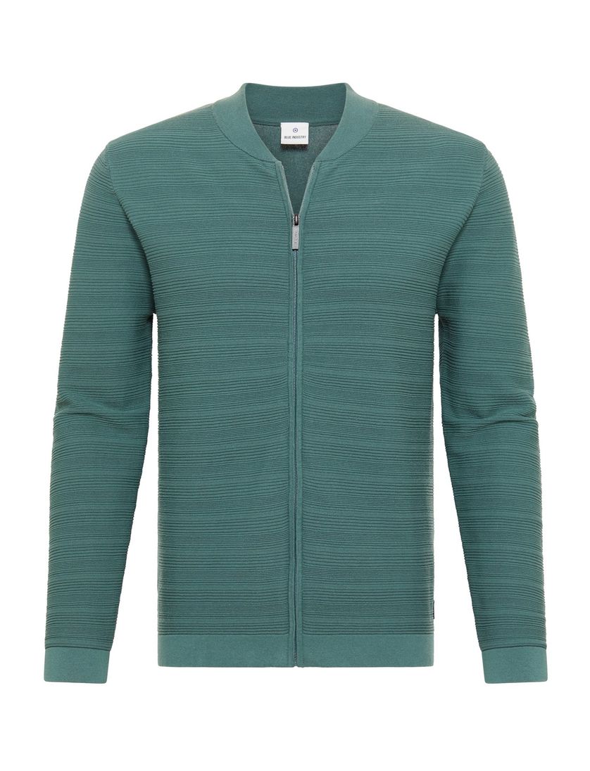 Blue Industry vest groen effen met strepen katoen opstaande kraag rits