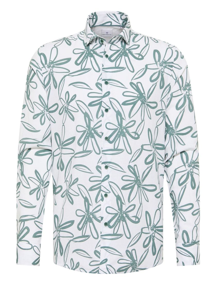 Blue Industry casual overhemd wit en blauw bloemen print linnen slim fit