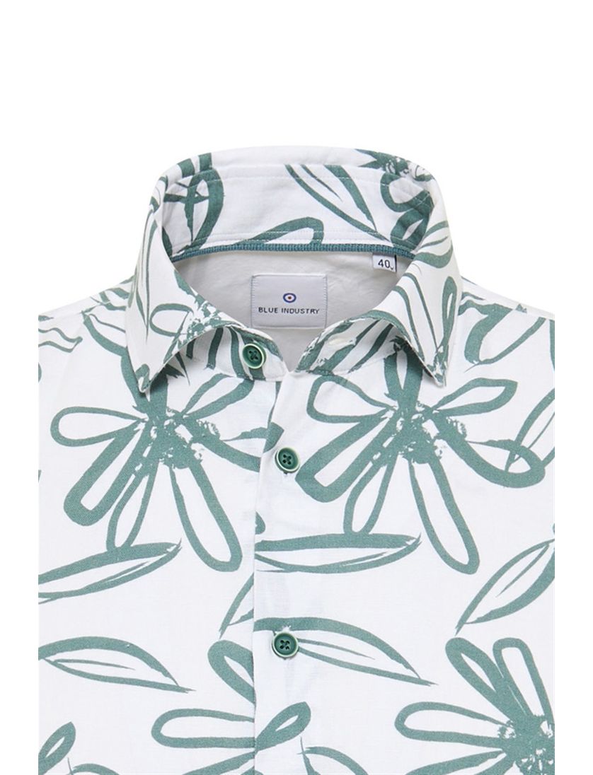 Blue Industry casual overhemd wit en blauw bloemen print linnen slim fit