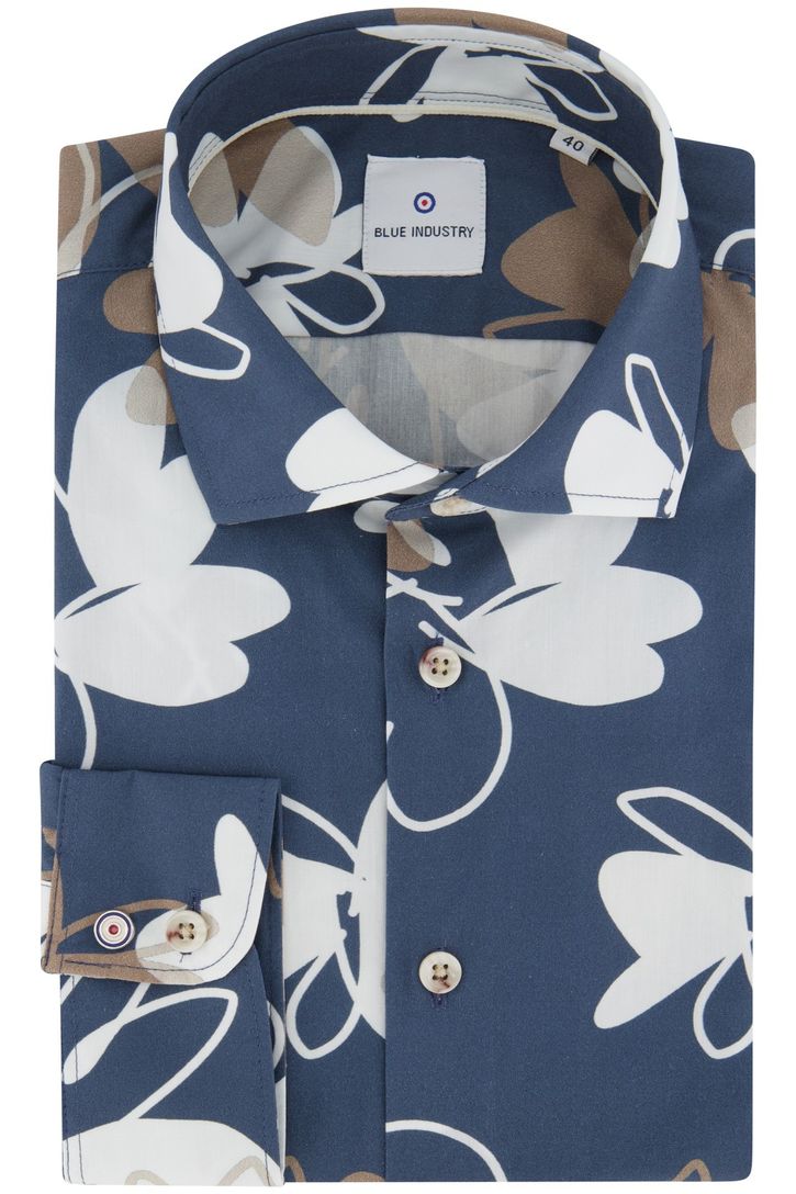 Blue Industry overhemd donkerblauw bloemprint katoen slim fit