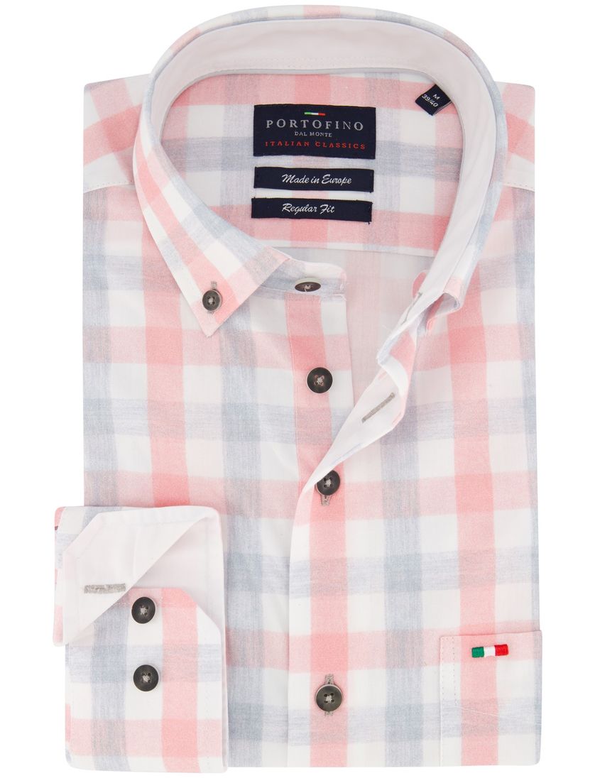 Overhemd Portofino casual wijde fit roze geruit katoen