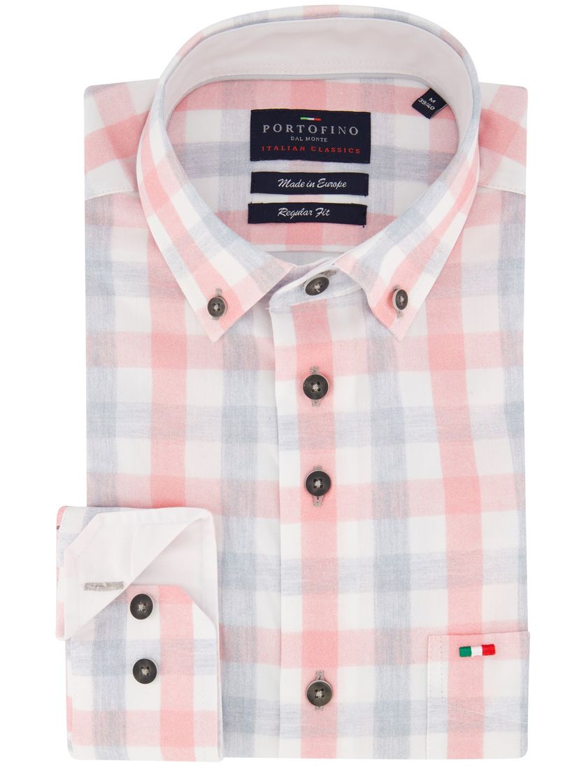 Overhemd Portofino casual wijde fit roze geruit katoen