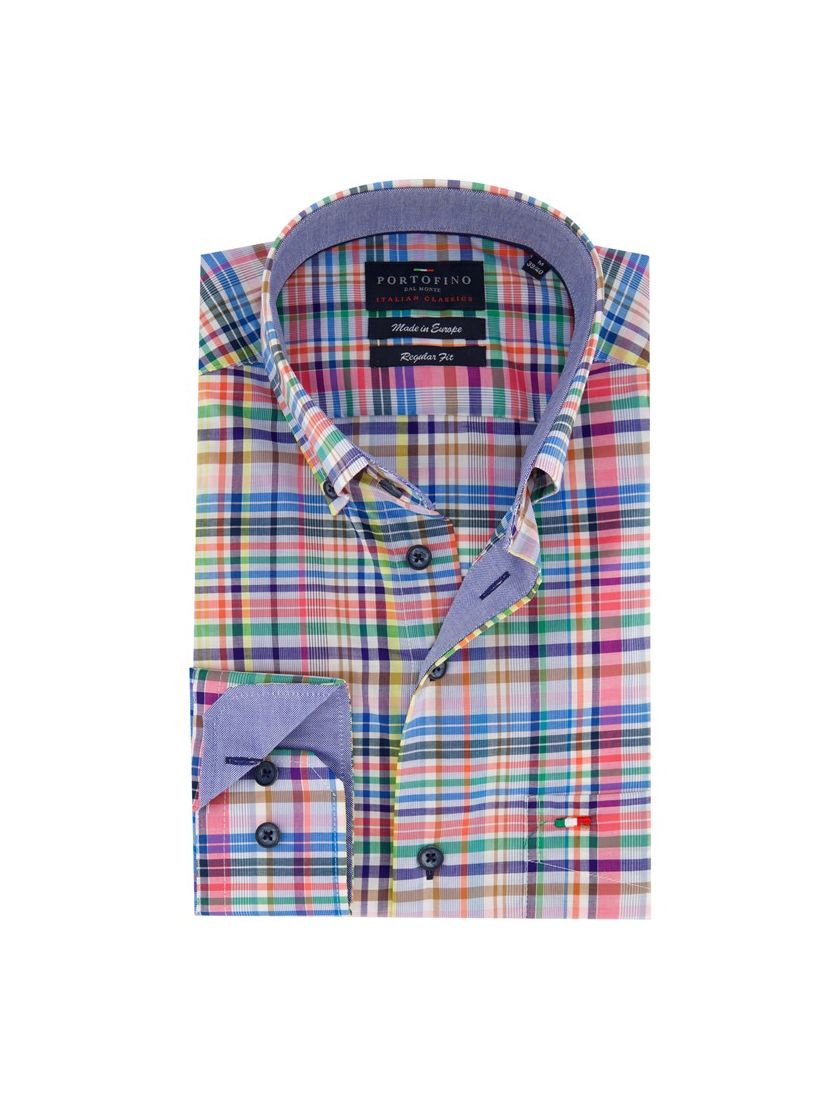 Portofino casual overhemd wijde fit blauw geruit katoen met borstzak